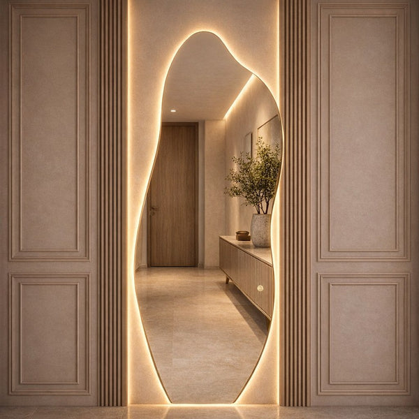 Espelho orgânico lapidado com LED de luz quente contornando toda a borda - Vittara Decor
