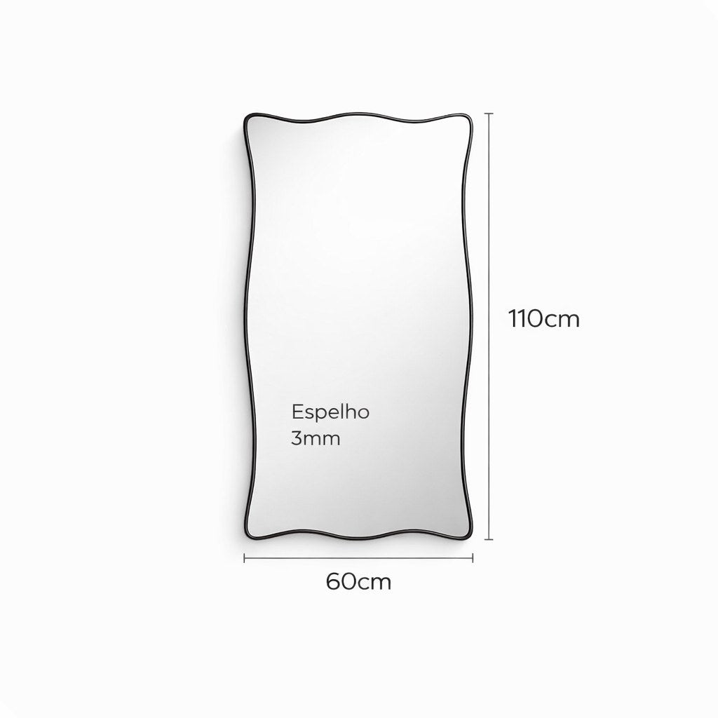 Medidas do espelho ondulado: 110 cm de altura, 60 cm de largura e vidro de 3 mm - Vittara Decor