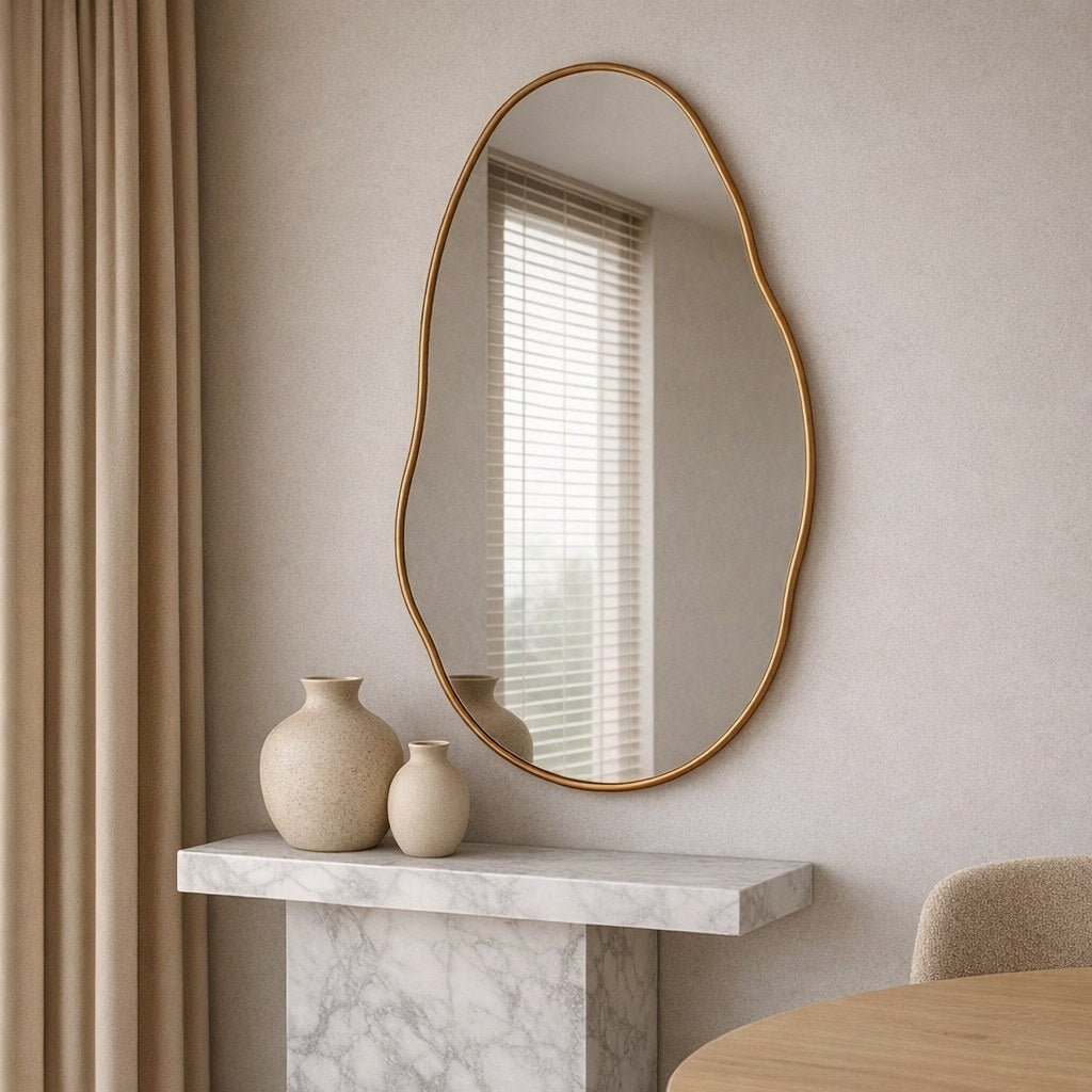 Espelho orgânico caramelo na vertical acima de console de mármore com vasos - Vittara Decor