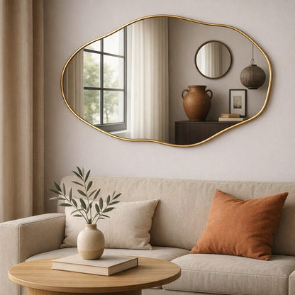 Espelho orgânico dourado na horizontal acima do sofá bege da sala - Vittara Decor
