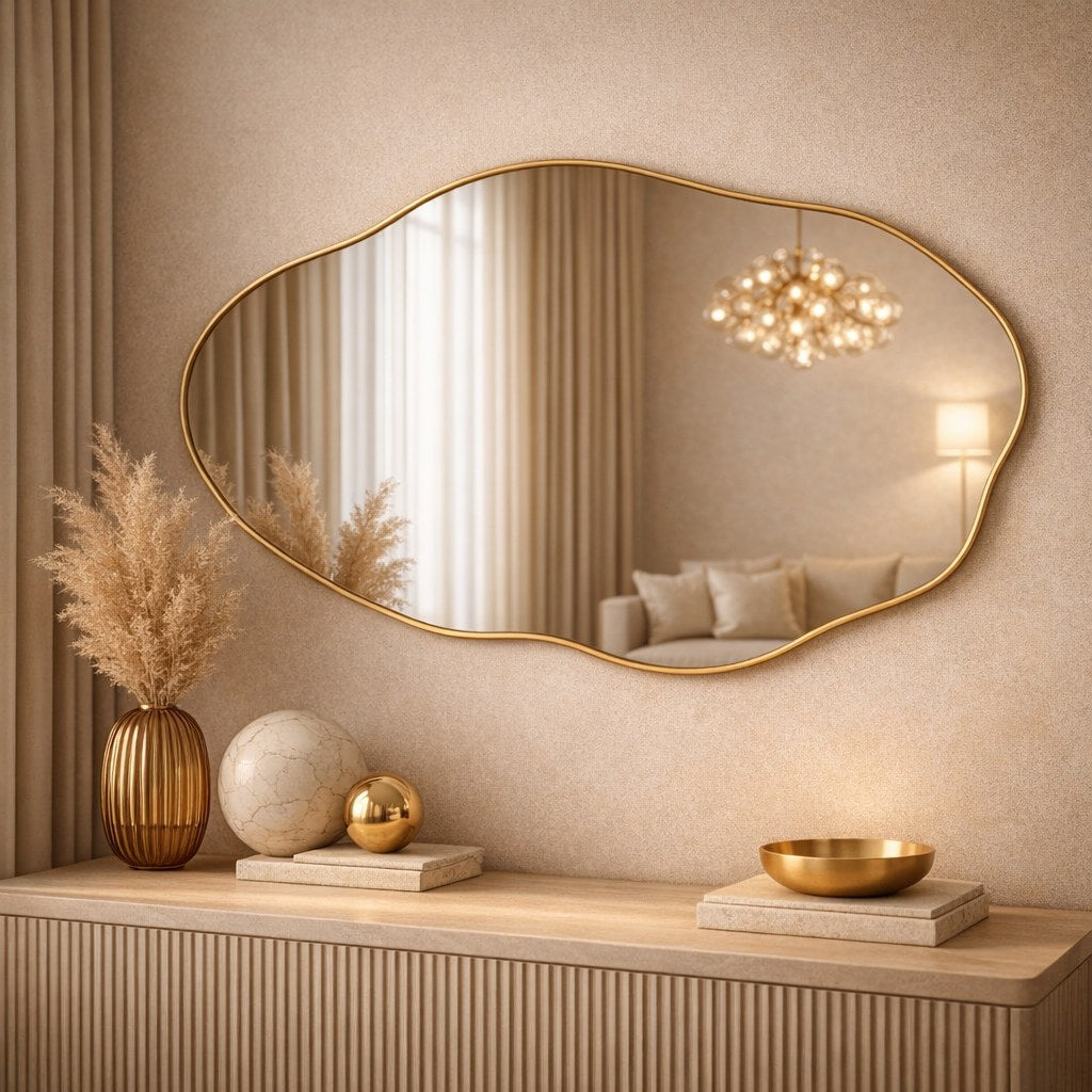 Espelho orgânico dourado na horizontal sobre buffet ripado em sala de tons quentes - Vittara Decor