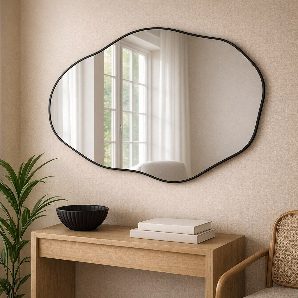 Espelho orgânico de moldura preta na horizontal sobre aparador de madeira clara - Vittara Decor