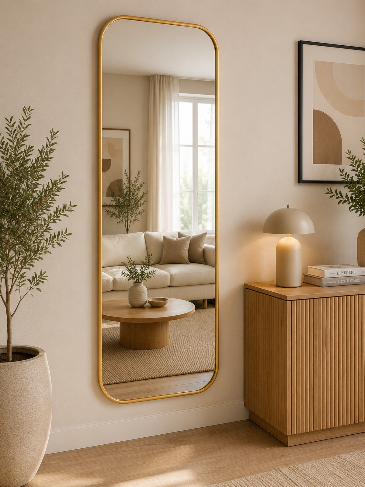 Espelho retangular arredondado dourado na parede da sala - Vittara Decor