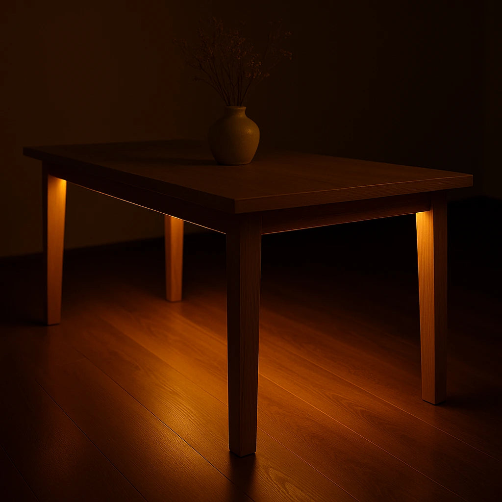 Fita LED RGB 5m instalada embaixo de mesa de jantar criando underglow âmbar aconchegante - Vittara Decor