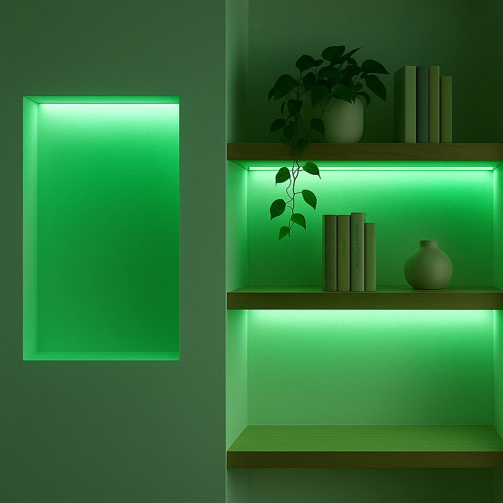Fita LED RGB 5m instalada em nicho de prateleira iluminando livros e plantas com luz verde - Vittara Decor