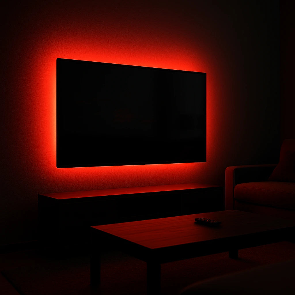 Fita LED RGB 5m aplicada atrás de painel de TV criando backlighting vermelho intenso - Vittara Decor