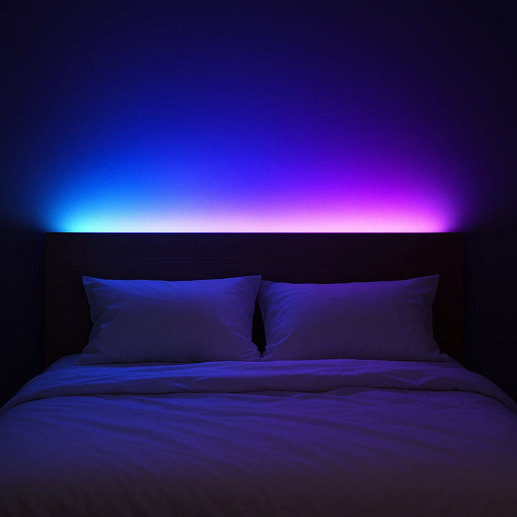 Fita LED RGB 5m aplicada atrás da cabeceira criando halo azul-roxo em quarto escuro - Vittara Decor