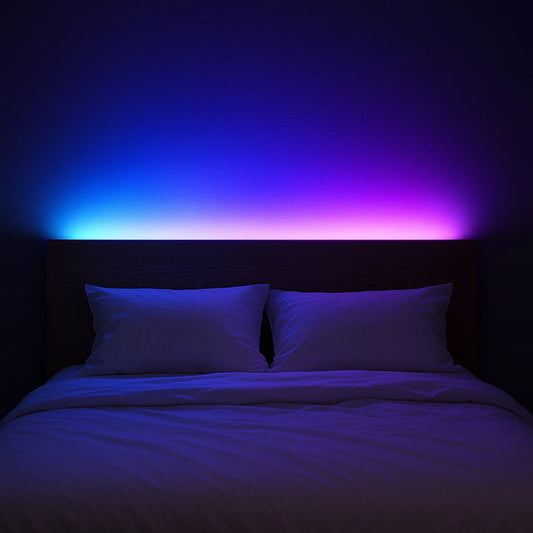 Fita LED RGB 5m aplicada atrás da cabeceira criando halo azul-roxo em quarto escuro - Vittara Decor