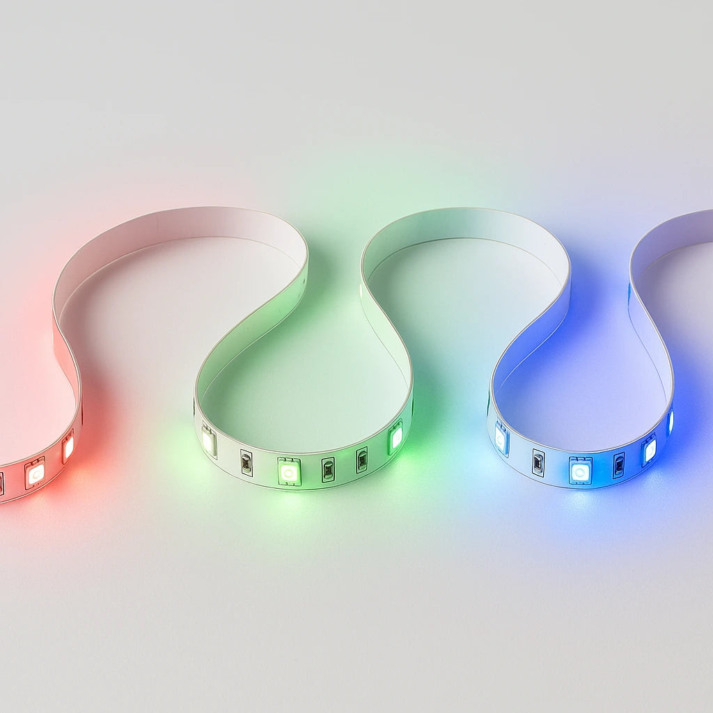 Fita LED RGB 5m exibindo as três cores vermelho verde e azul simultaneamente - Vittara Decor