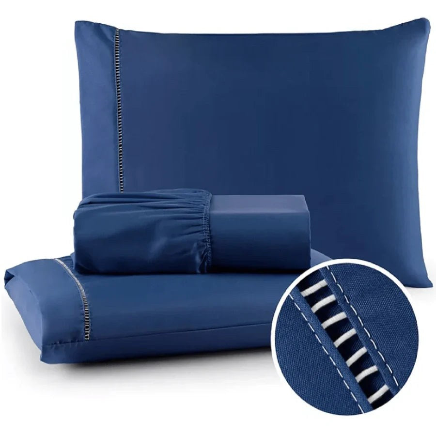 Jogo de cama 400 fios azul marinho com lençol de elástico - Vittara Decor