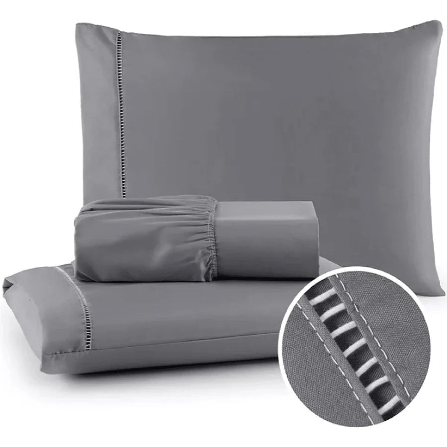 Jogo de cama 400 fios cinza com lençol de elástico e fronhas - Vittara Decor