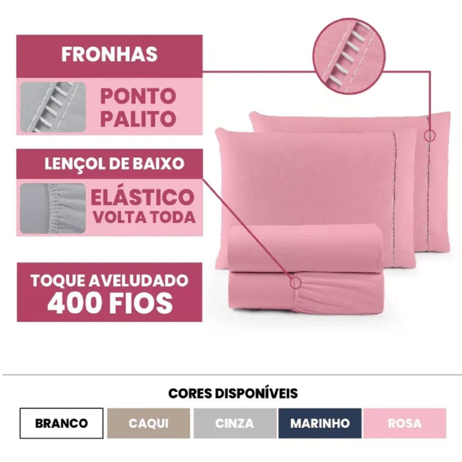 Jogo de cama 400 fios com lençol de elástico volta toda e fronha ponto palito - Vittara Decor
