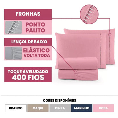 Jogo de cama 400 fios com lençol de elástico volta toda e fronha ponto palito - Vittara Decor