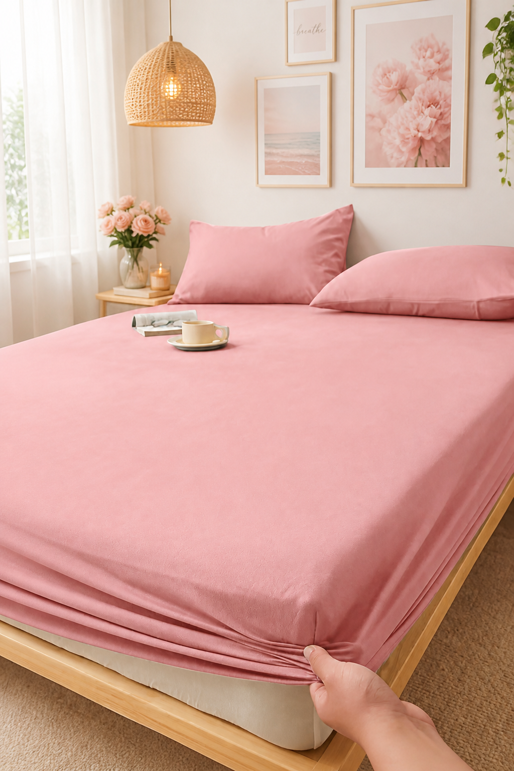 Jogo de Cama 400 Fios liso em quarto feminino com pendente de rattan e luz suave - Vittara Decor