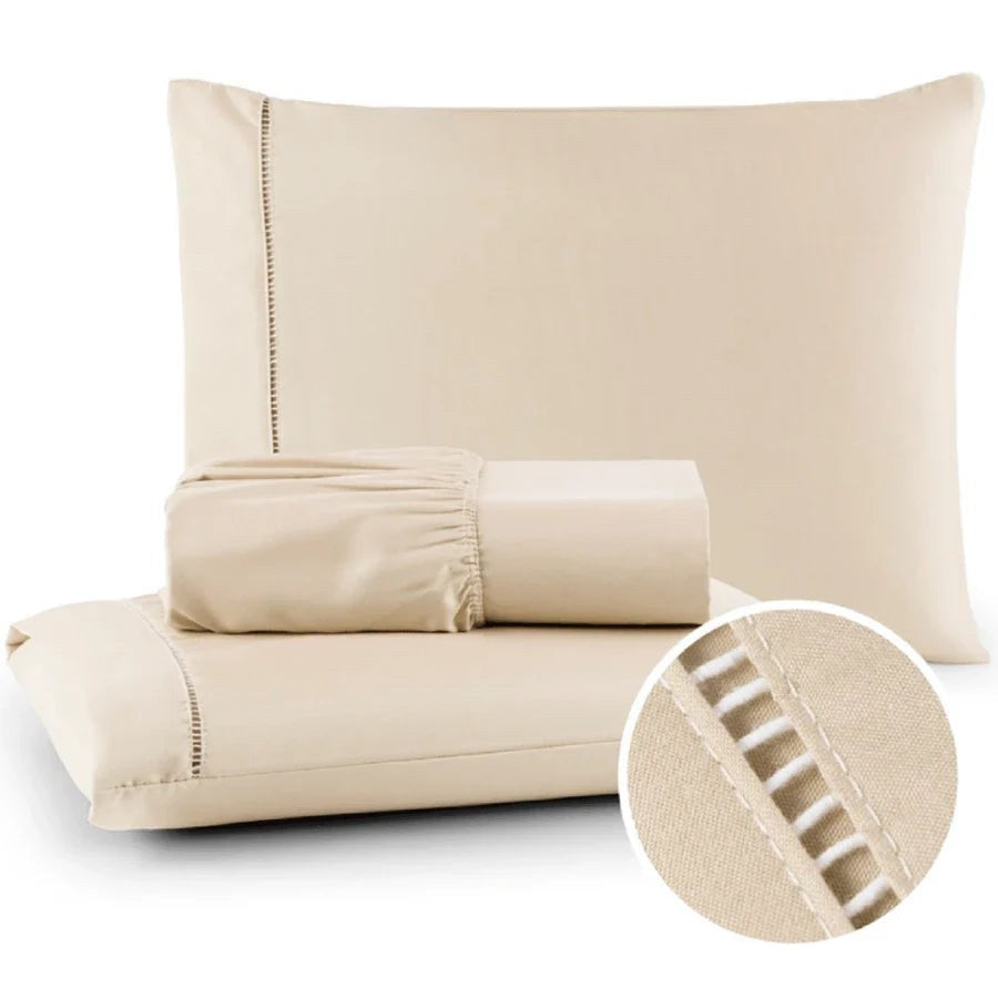 Jogo de cama 400 fios cor palha com lençol de elástico e fronhas - Vittara Decor