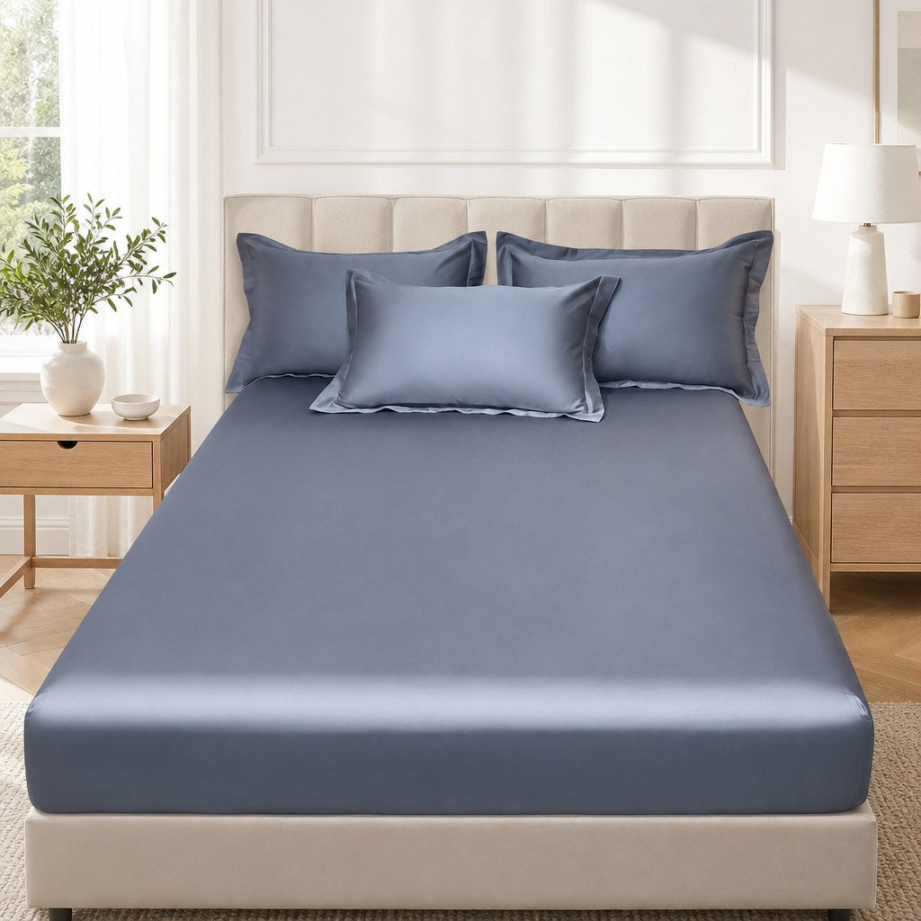 Jogo de cama azul acetinado em quarto claro e arejado - Vittara Decor