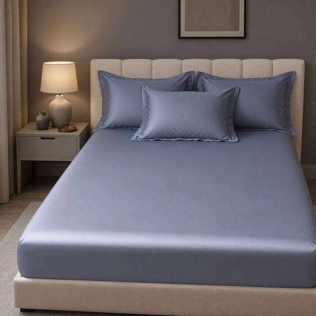 Lençol de algodão egípcio azul com elástico em quarto calmo - Vittara Decor