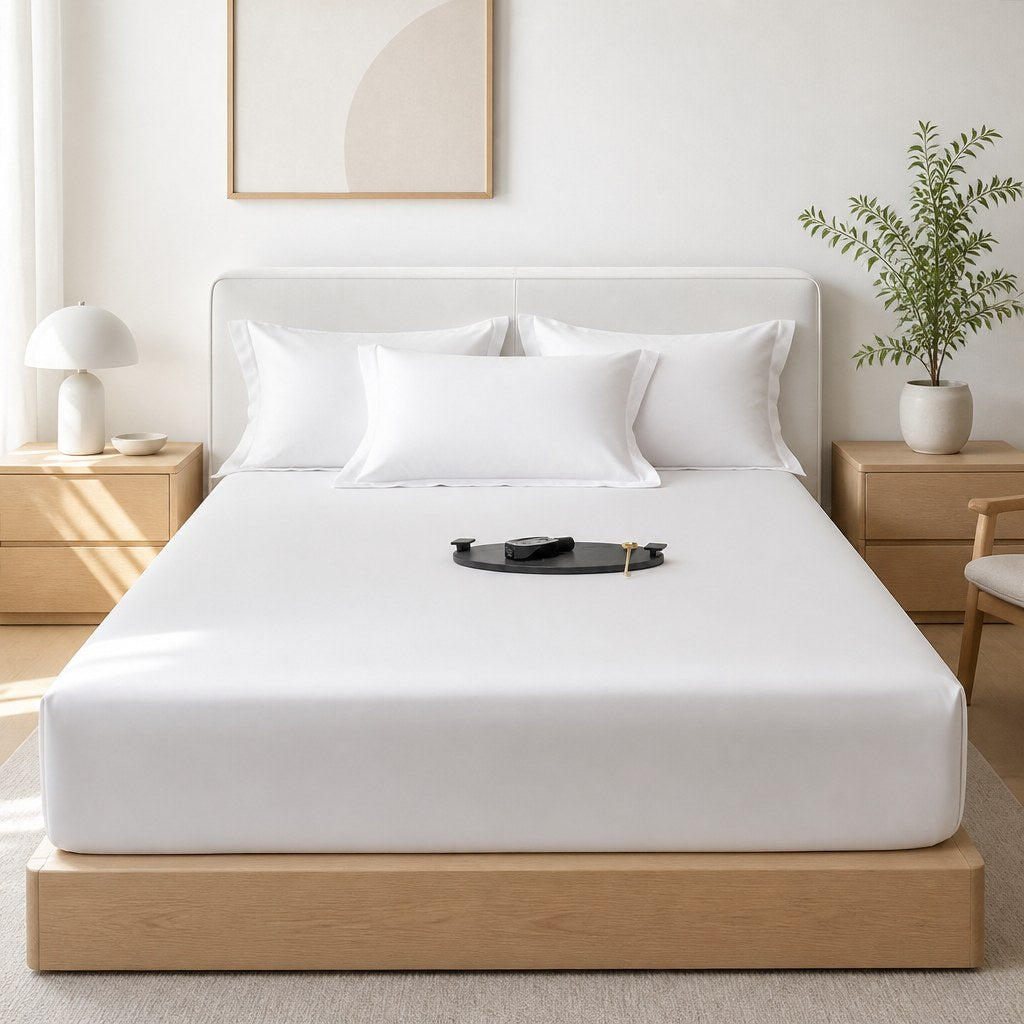 Lençol de algodão egípcio branco em quarto claro e arejado - Vittara Decor