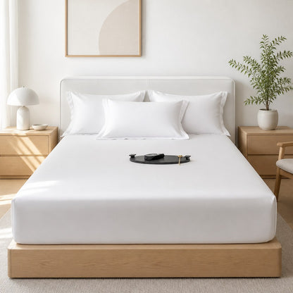Lençol de algodão egípcio branco em quarto claro e arejado - Vittara Decor