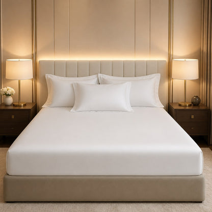 Jogo de cama de algodão egípcio branco em quarto estilo hotel - Vittara Decor