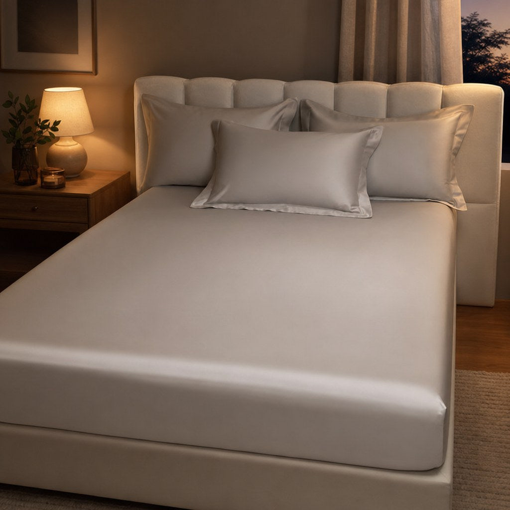 Jogo de cama prata acetinado em quarto ao entardecer - Vittara Decor