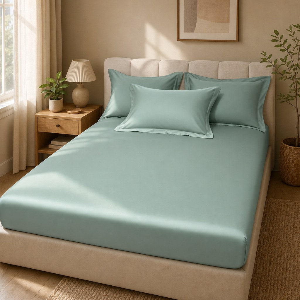 Lençol de algodão egípcio verde com elástico em quarto aconchegante - Vittara Decor