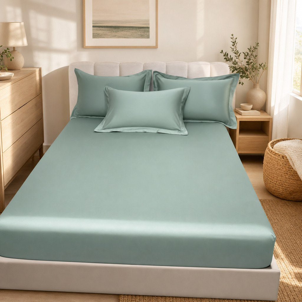 Jogo de cama verde acetinado em quarto com luz natural - Vittara Decor