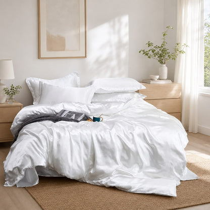 Jogo de cama de cetim branco com brilho em quarto luminoso - Vittara Decor