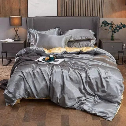 Jogo de cama de cetim cinza acetinado com fronhas na cama - Vittara Decor
