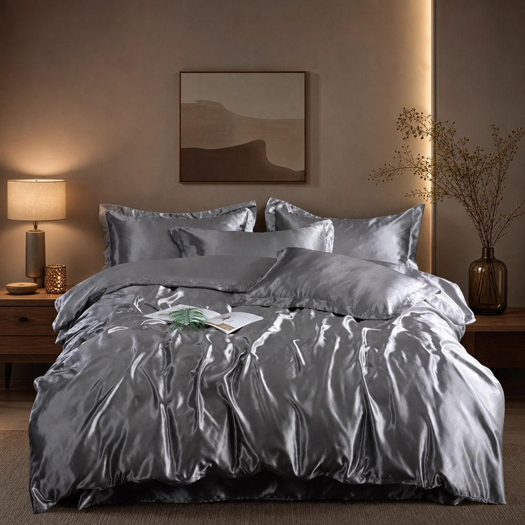 Jogo de cama de cetim cinza com brilho em quarto neutro - Vittara Decor