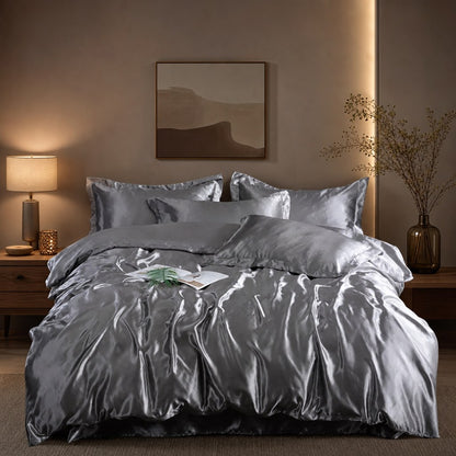 Jogo de cama de cetim cinza com brilho em quarto neutro - Vittara Decor