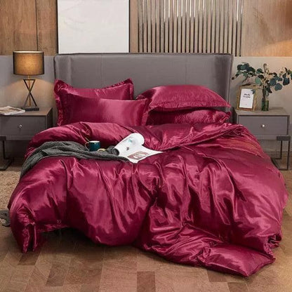 Jogo de cama de cetim vermelho acetinado na cama posta - Vittara Decor