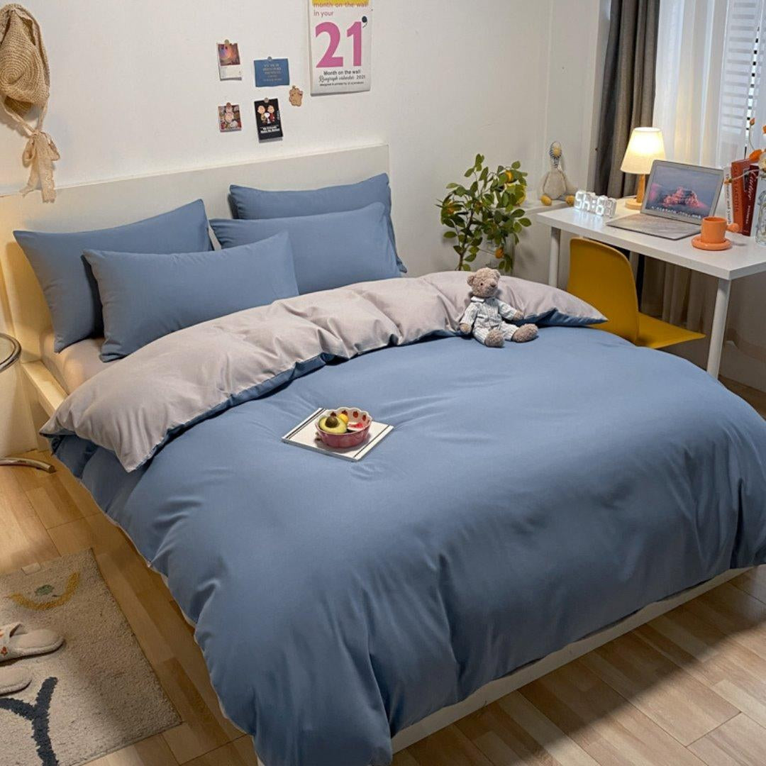 Jogo de cama nórdico azul em quarto claro e arejado - Vittara Decor
