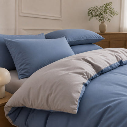 Detalhe do jogo de cama nórdico azul com avesso cinza - Vittara Decor