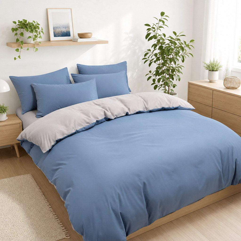 Jogo de cama nórdico azul em quarto escandinavo claro - Vittara Decor