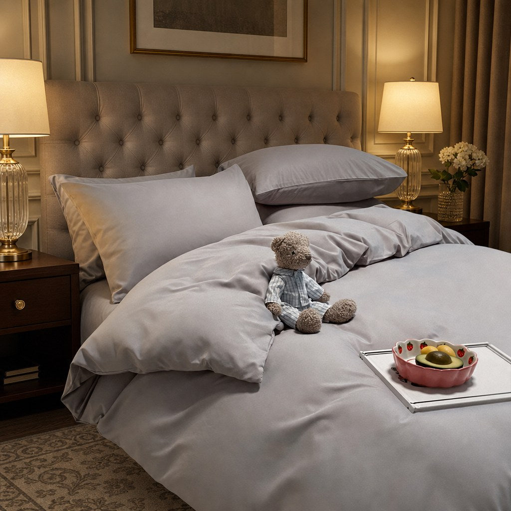 Jogo de cama nórdico cinza em quarto estilo hotel com cabeceira - Vittara Decor