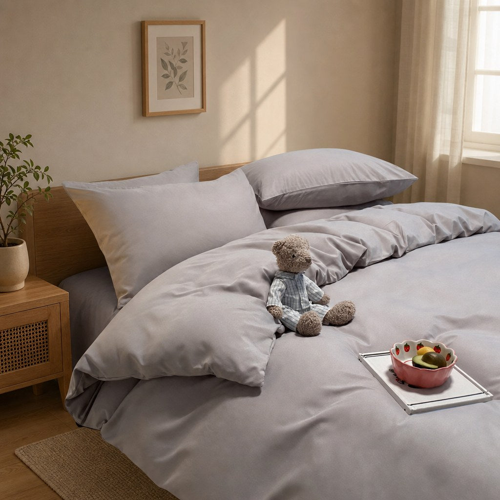 Jogo de cama nórdico cinza em quarto com luz da manhã - Vittara Decor