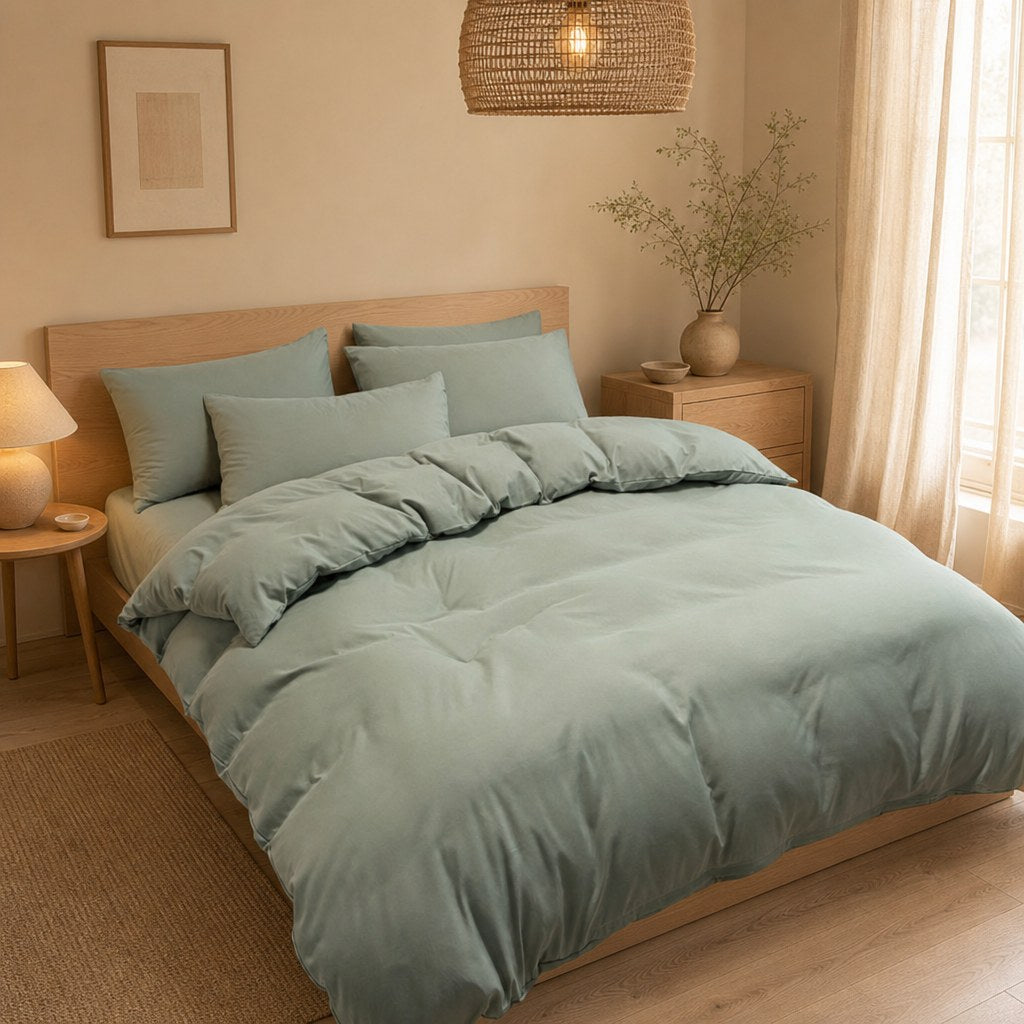 Jogo de cama nórdico verde em quarto minimalista neutro - Vittara Decor