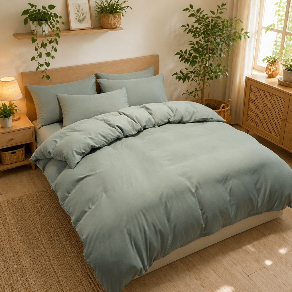 Jogo de cama nórdico verde em quarto com plantas - Vittara Decor