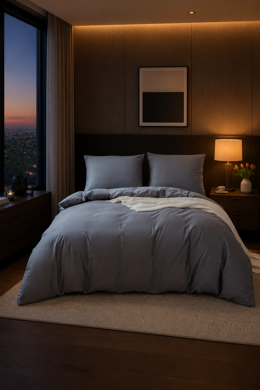 Edredom casal em algodão cinza em quarto contemporâneo com abajur aceso ao anoitecer - Vittara Decor