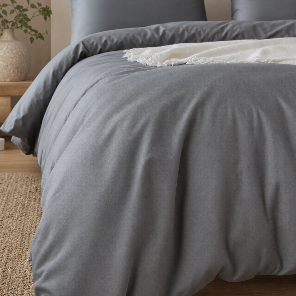 Detalhe da textura do edredom casal em algodão cinza com caimento macio sobre a cama - Vittara Decor