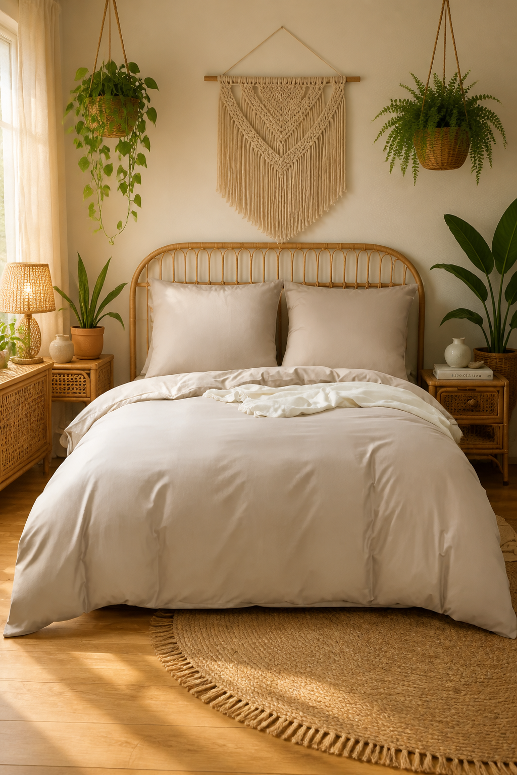 Edredom casal em algodão bege em quarto boho com rattan e plantas suspensas - Vittara Decor