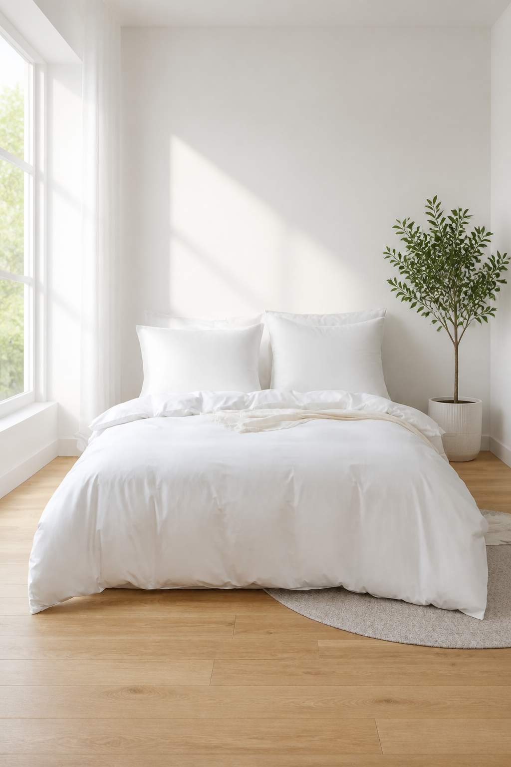 Jogo de Edredom Casal em Algodão branco em quarto minimalista com piso de madeira clara - Vittara Decor