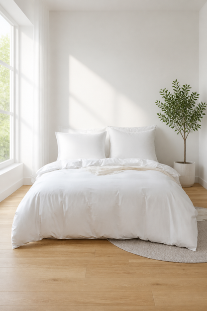 Jogo de Edredom Casal em Algodão branco em quarto minimalista com piso de madeira clara - Vittara Decor