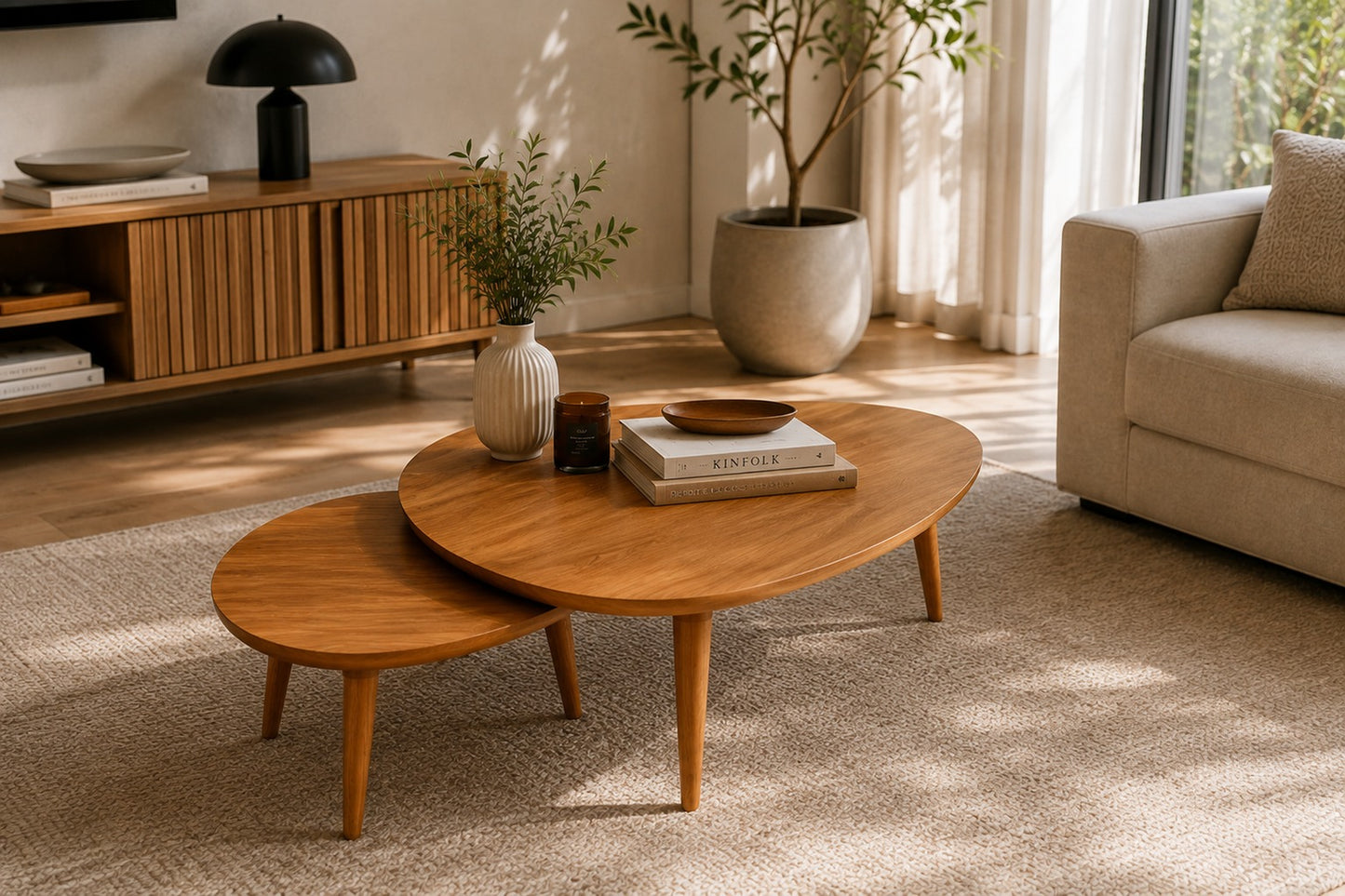 Mesas de centro orgânicas sob luz natural com vaso e livros no tampo - Vittara Decor