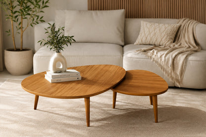 Kit com 2 mesas de centro orgânicas em tom mel na sala com sofá claro - Vittara Decor