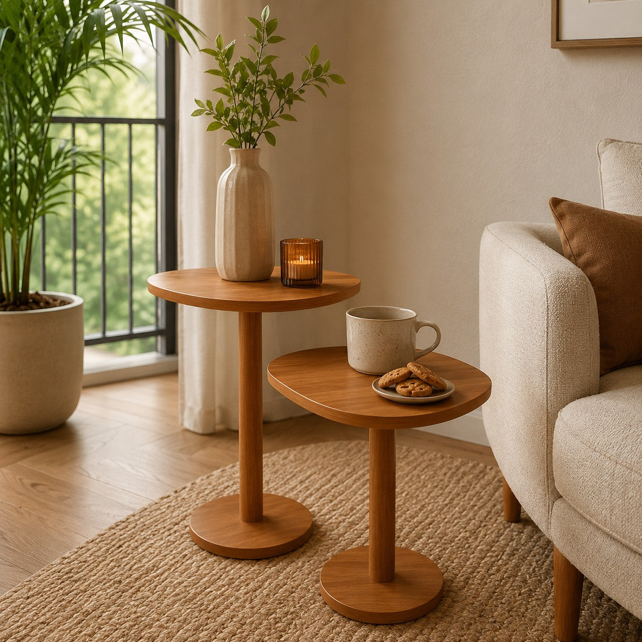 Duas mesas laterais monopé na sala junto à janela com vaso e vela - Vittara Decor