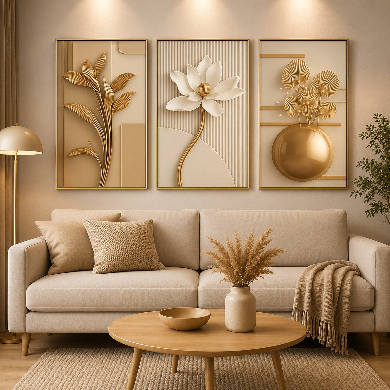 Kit de quadros florais com efeito 3D aplicado em parede clara de ambiente integrado - Vittara Decor