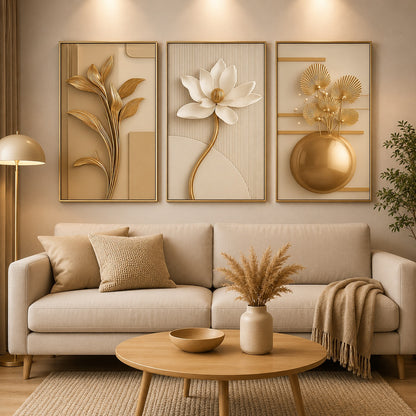 Kit de quadros florais com efeito 3D aplicado em parede clara de ambiente integrado - Vittara Decor