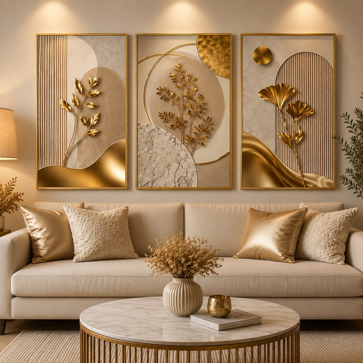 Quadros florais dourados em conjunto de três peças acima de aparador claro - Vittara Decor